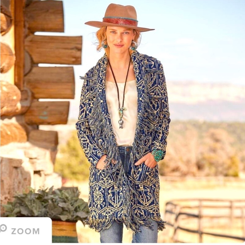 Sundance Cozy Blue and Cream Patterned Fringe Cardigan Sweater